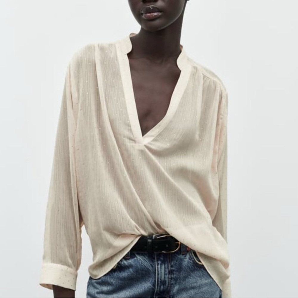 Zara Long Sleeve Blouse With Rhinestone Embellishments Size M New With tags